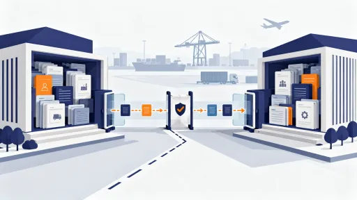 Illustration of controlled data exchange between institutions through a narrow corridor.