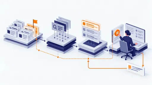 Illustration of a flagged source record and a paused automated decision workflow.