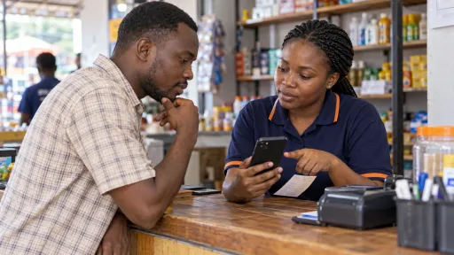 Illustrative shop-counter interaction checking a mobile payment on a smartphone.