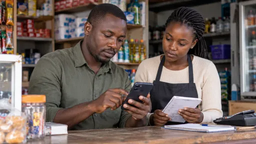 Illustrative shopkeeper and colleague checking a smartphone and paper notes at a shop counter.